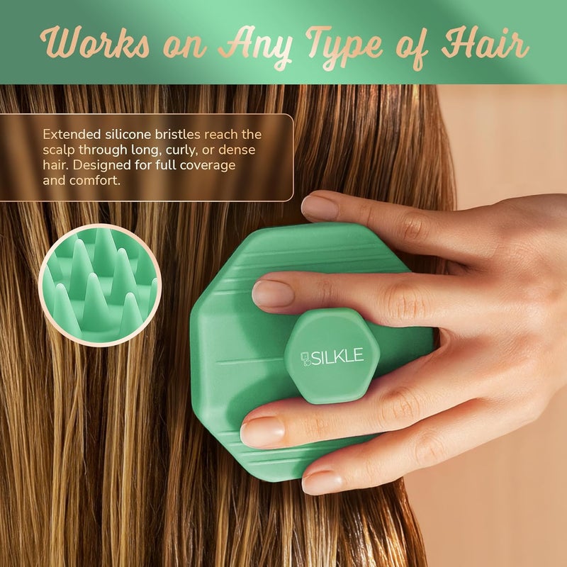 SILKLE Scalp Massager Shampoo Brush – Silicone Scalp Scrubber for Hair Growth & Dandruff Removal, One-Piece, Non-Slip Handle, Soft Bristles, Wet/Dry Shower Scalp Exfoliator for All Hair Types – Green - Image 3